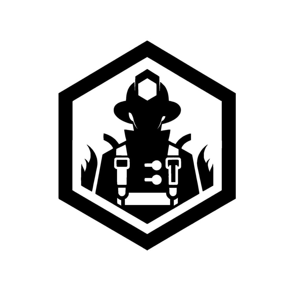 Abstract silhouette of firefighter in hexagon courageous of black white safety and bravery, emphasizing protection and duty vector