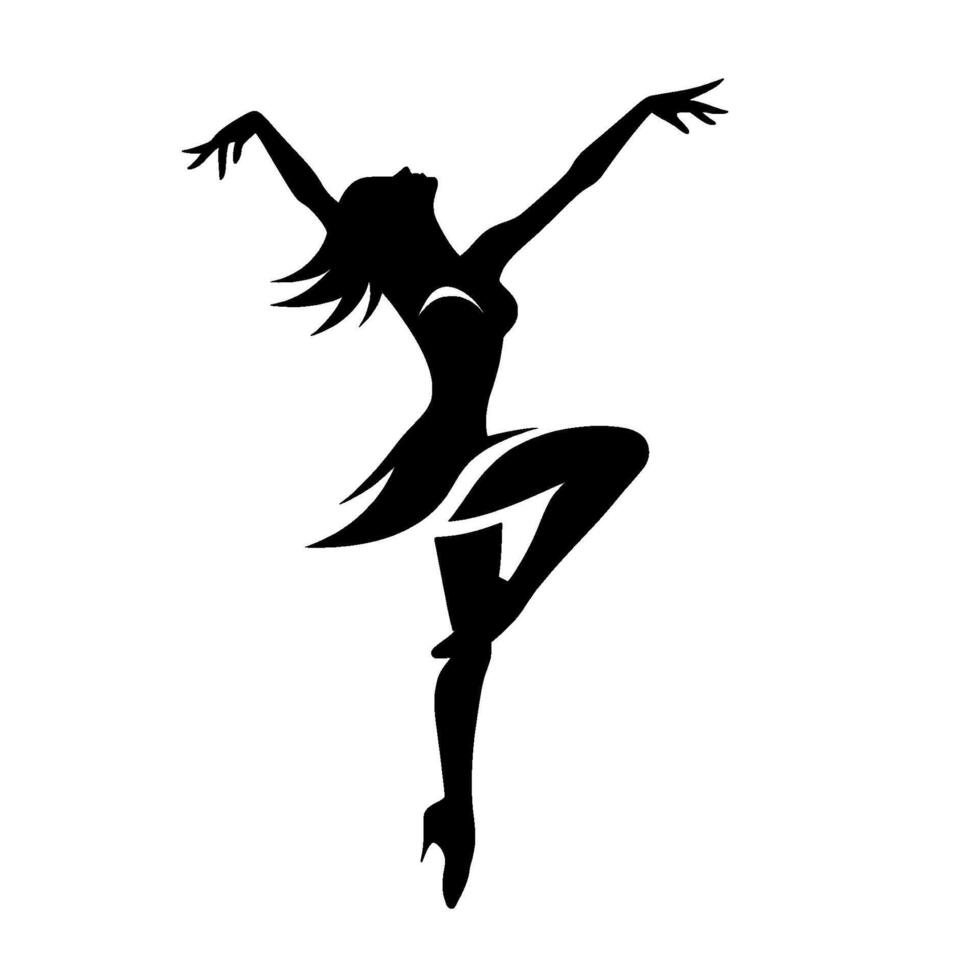 Black silhouette of a graceful ballerina in midair, arms outstretched, head tilted, showcasing elegance and movement against a clean white backdrop. vector