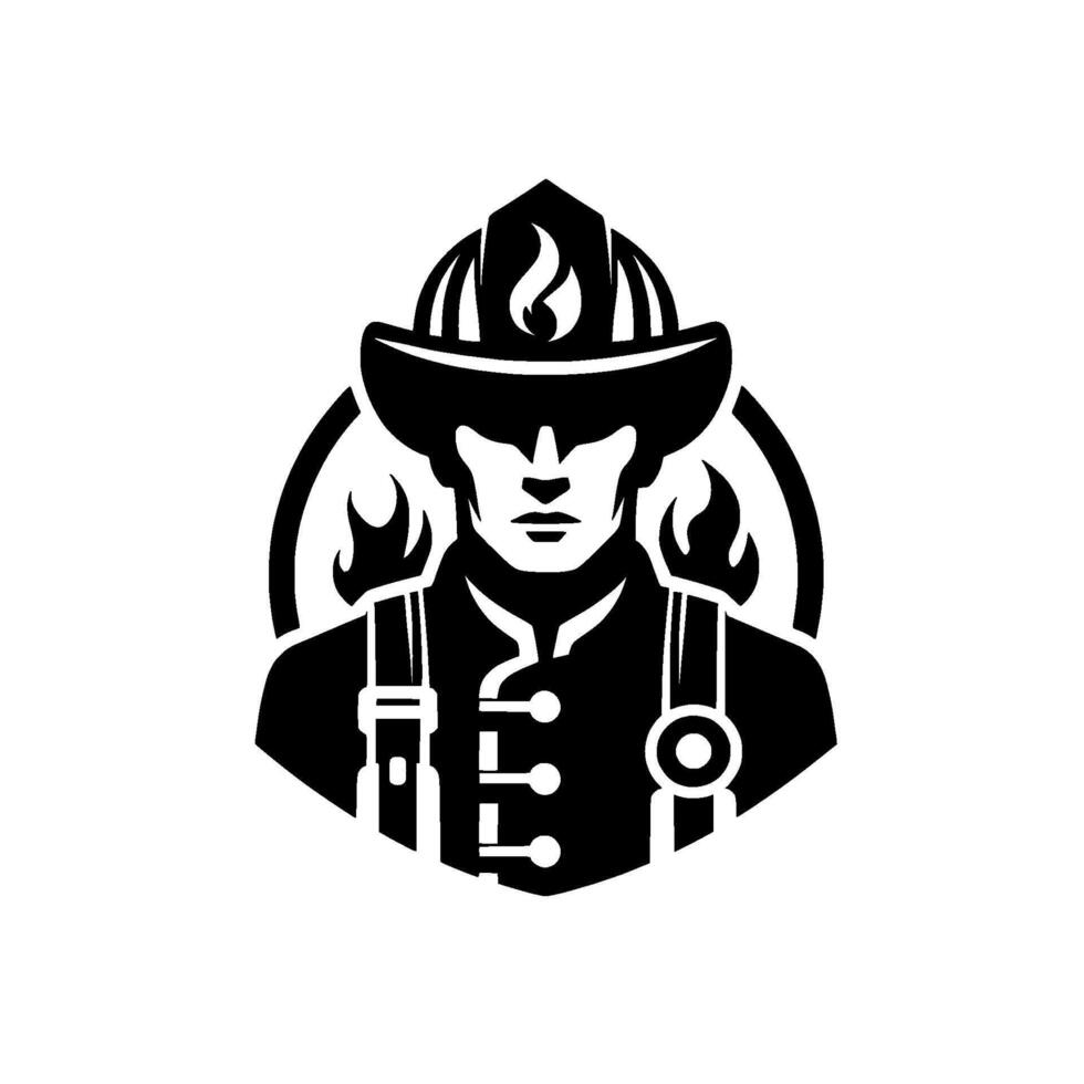 Bold, black and white illustration of a firefighter in uniform, with a helmet displaying flames, encircled by fire icons, showcasing bravery and service. vector