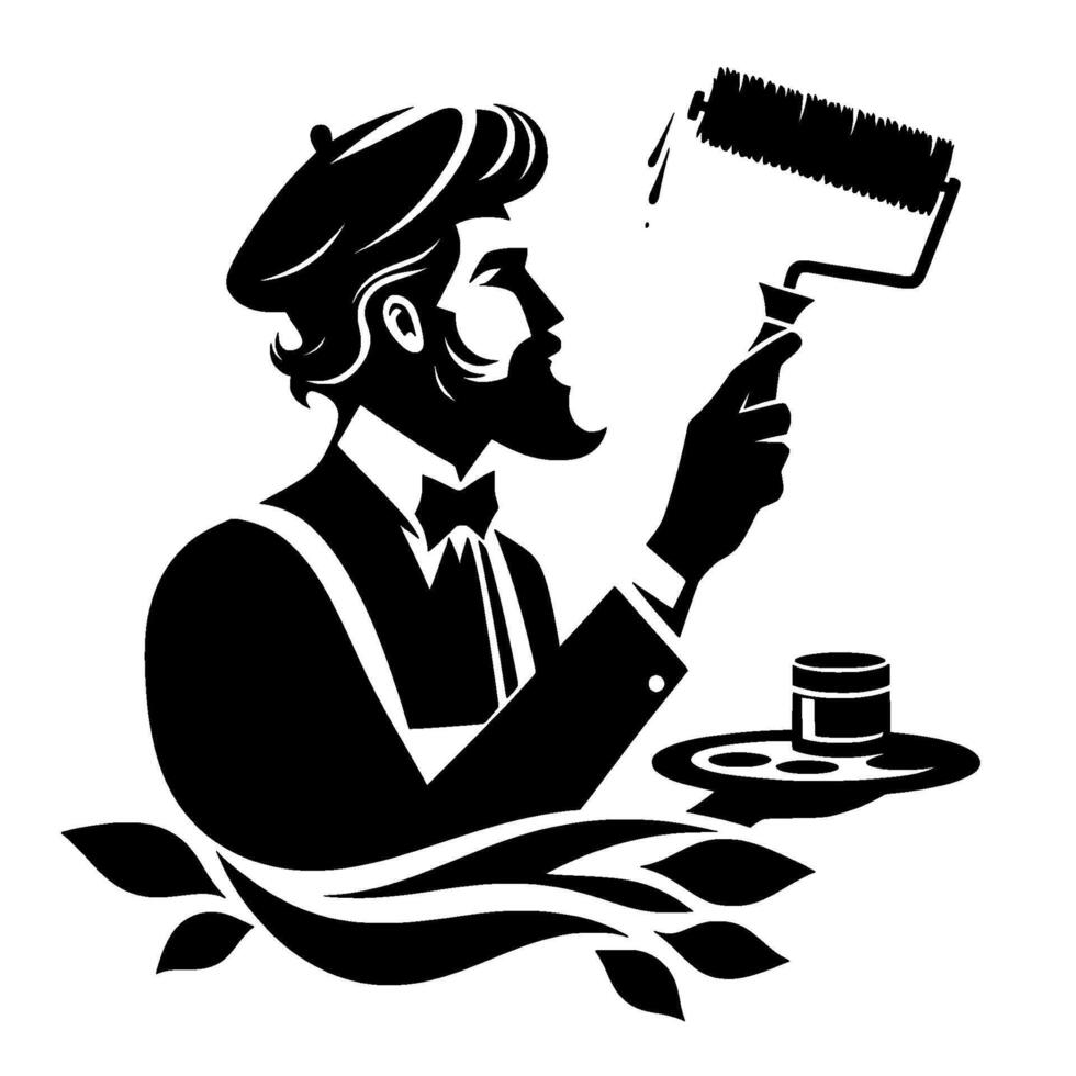 Artistic painter silhouette, beretwearing man with paint roller and palette, black and white, artistic concept vector