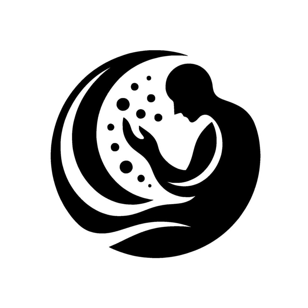 A minimalist black and white depicting a person cradling celestial objects within a stylized crescent moon, representing introspection and wonder. vector