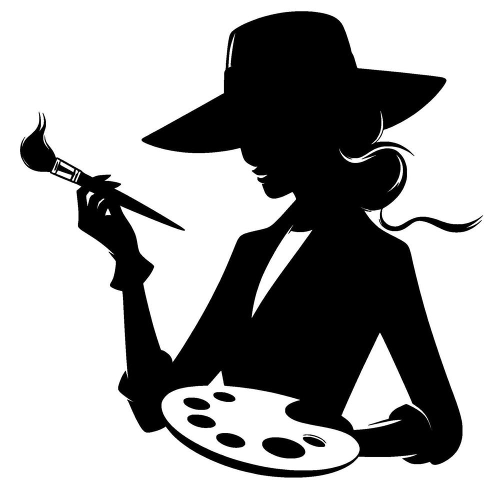 Elegant silhouette of an artist a woman in a stylish hat, holding a paintbrush and palette, suggesting creativity and artistic flair in a minimalist design. vector