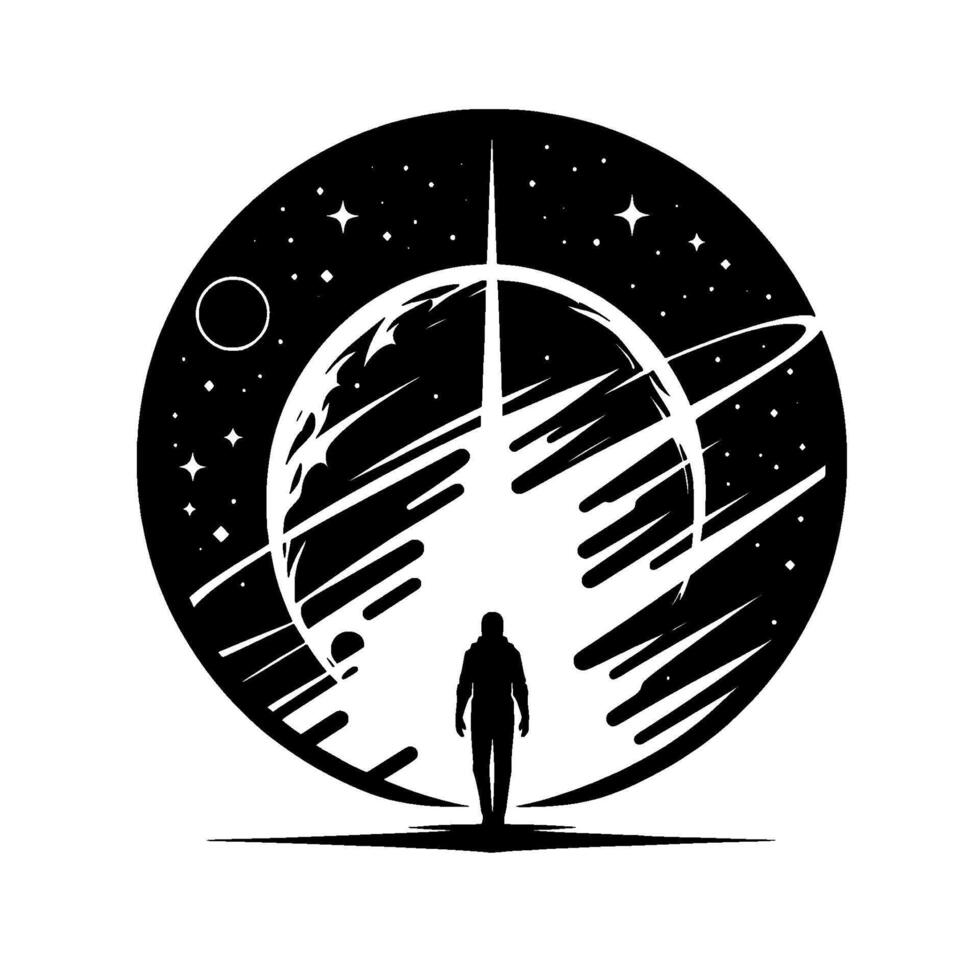 A lone figure stands before a celestial sphere, symbolizing exploration and the vastness of the cosmos, encapsulated within a minimalist, monochromatic design. vector