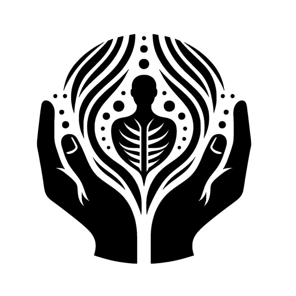 A symbolic medical illustration featuring hands cradling a human silhouette and ribcage design, surrounded by abstract shapes, dots, conveying care and wellness. vector