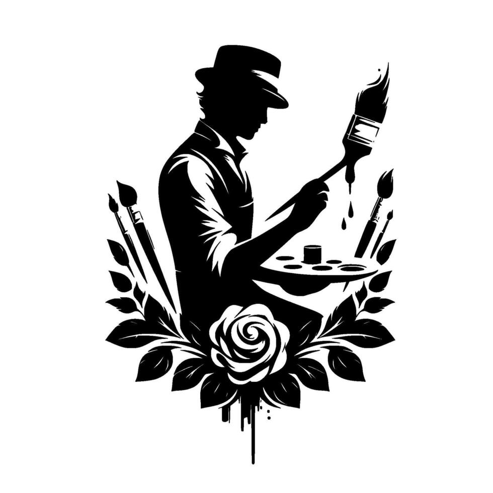 Silhouette of an artist in a fedora painting, surrounded by floral accents and brushes, capturing creative essence. vector
