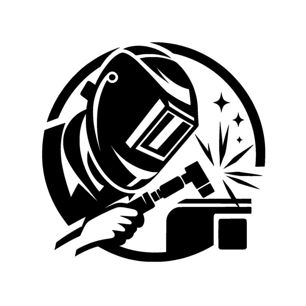 Bold black and white illustration of a welder in action, shielding sparks within a circular frame. vector