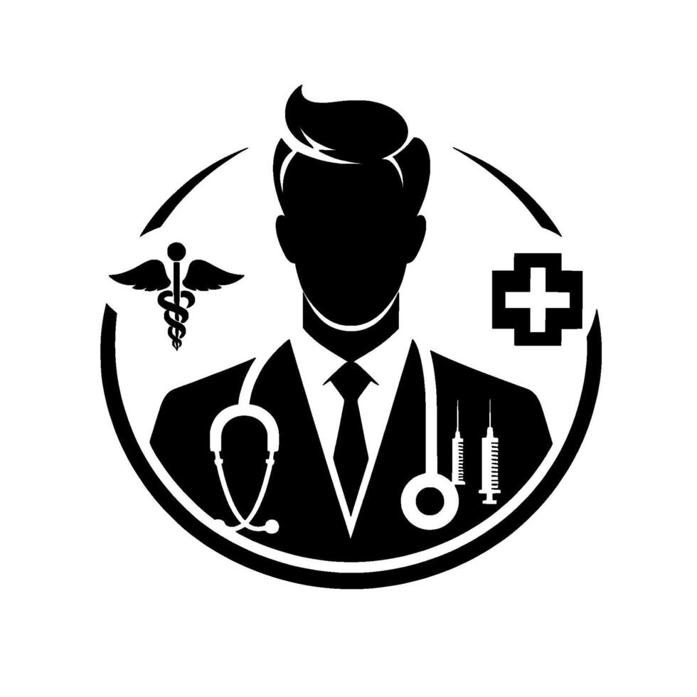 Professional black and white medical doctor silhouette, stethoscope, caduceus, cross, and syringes within a circle. vector