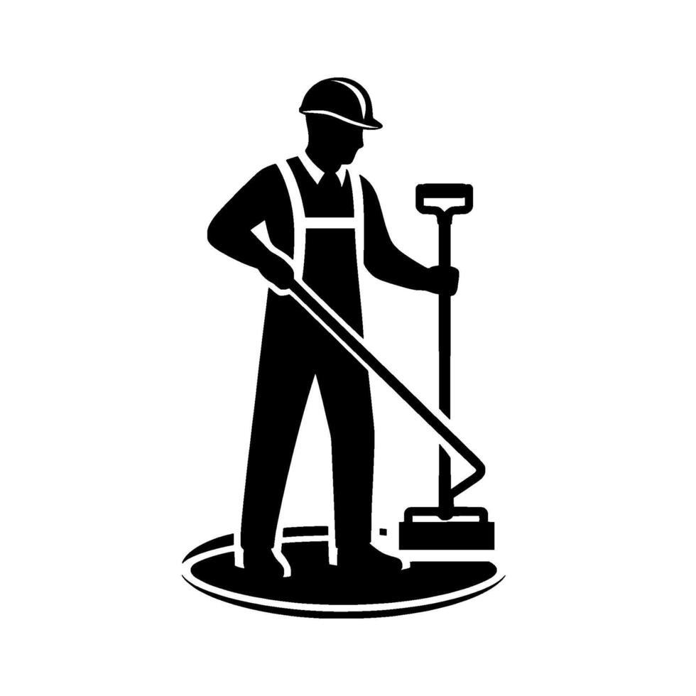 A black and white silhouette of a construction worker in overalls and a hard hat, using a squeegee on a circular platform. vector