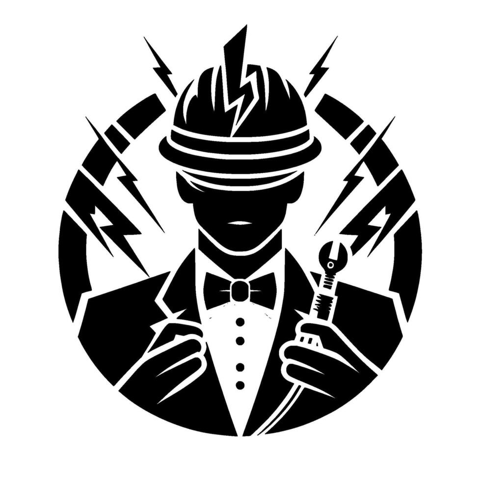 Stylized black and white illustration of an electrician in formal wear, emblem encircled by lightning bolts, holding a wrench. vector