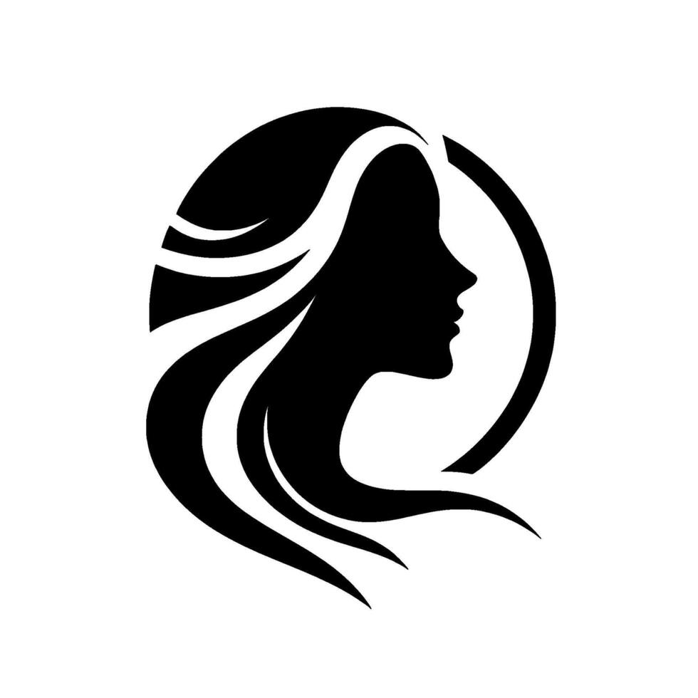 Elegant silhouette a black and white portrait of a womans profile surrounded by flowing hair and a circular frame. vector