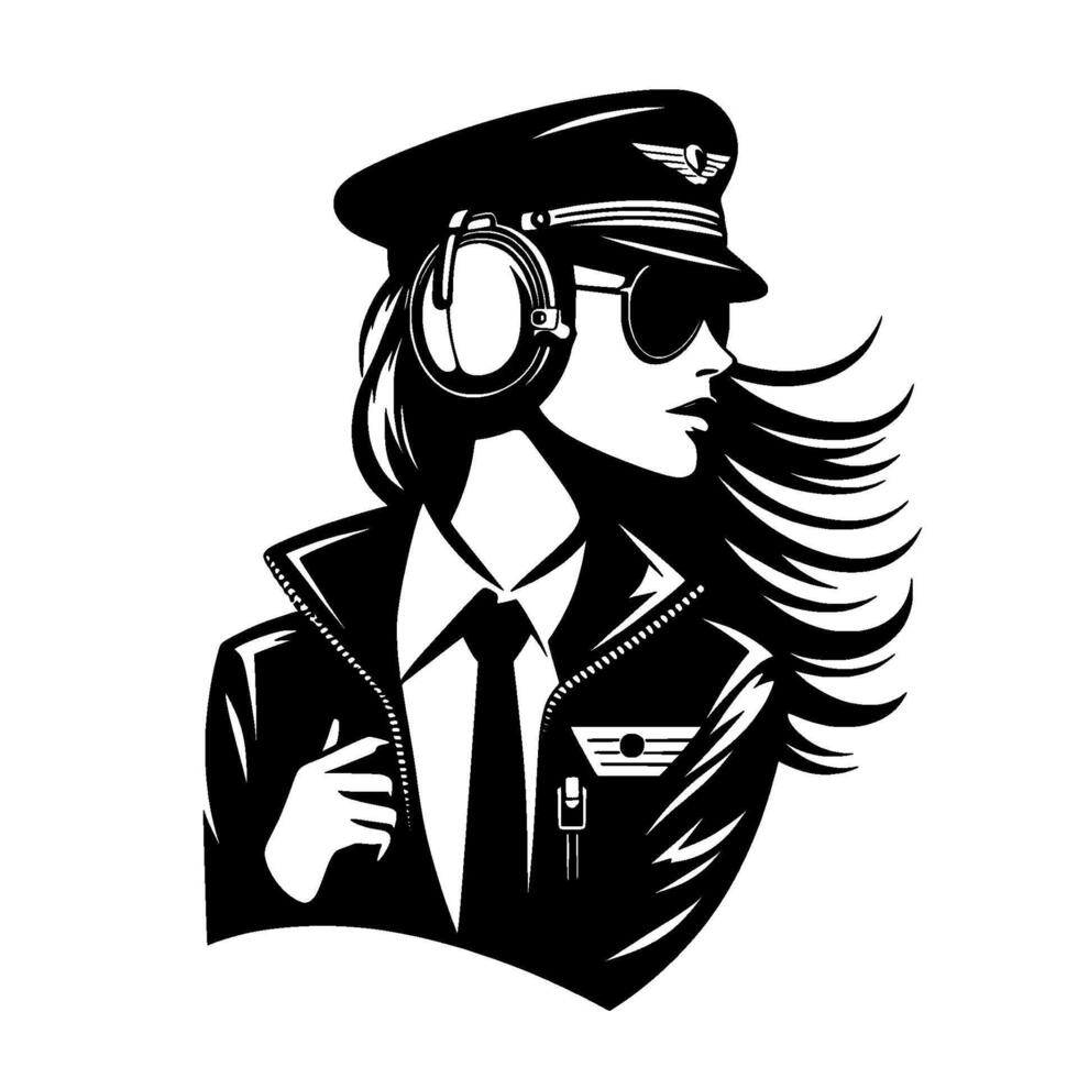 Chic monochrome aviatrix a stylish, vectorstyle depiction of a female pilot with sunglasses, aviator hat, headset, and flowing hair, exuding confidence. vector