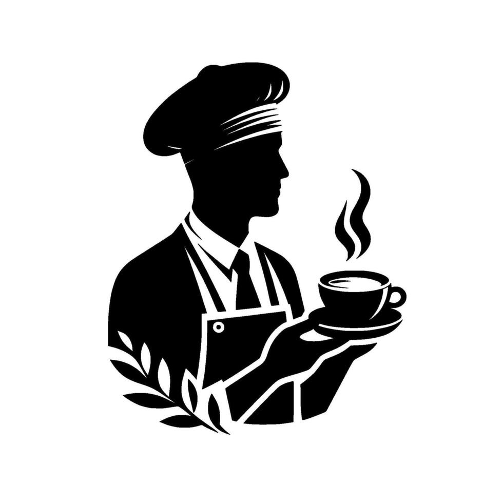 A silhouette chef in a classic uniform, holding a steaming coffee cup on a saucer with a sprig of leaves in the foreground, on a white background. vector