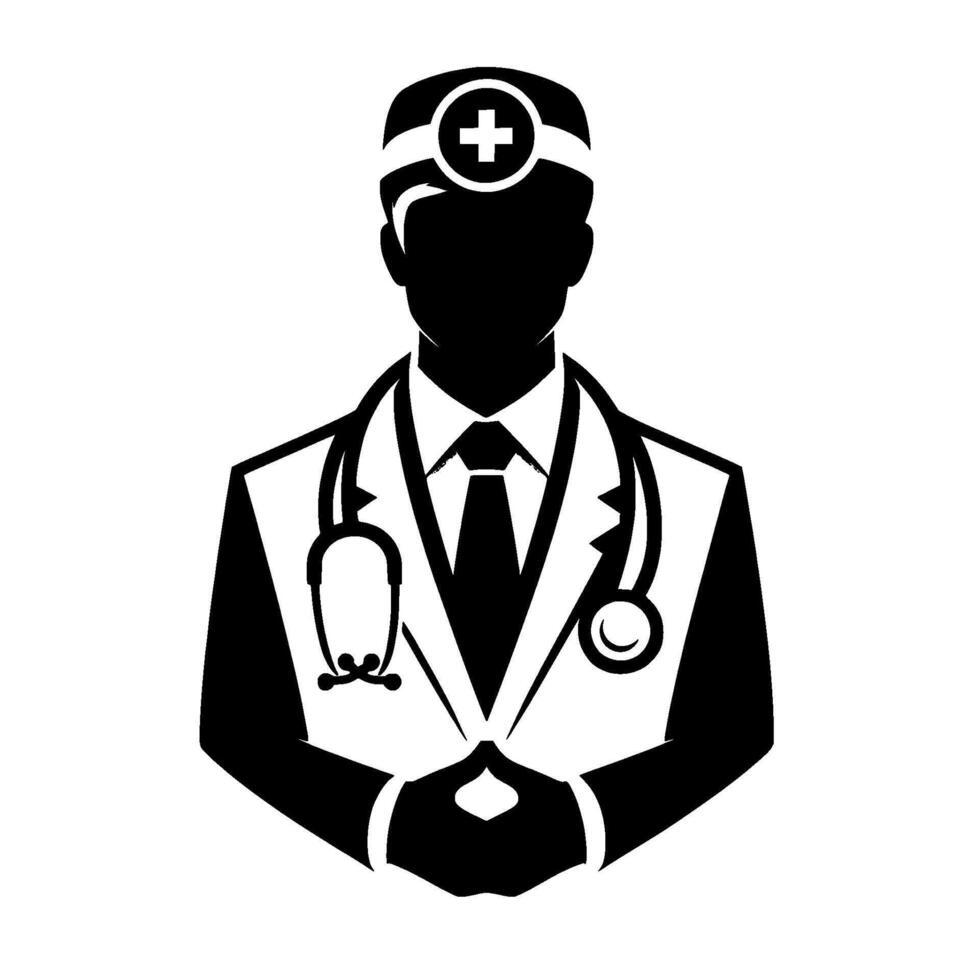 Silhouette of a doctor in medical attire, stethoscope, and cross symbol on the cap, depicting healthcare and professionalism. vector