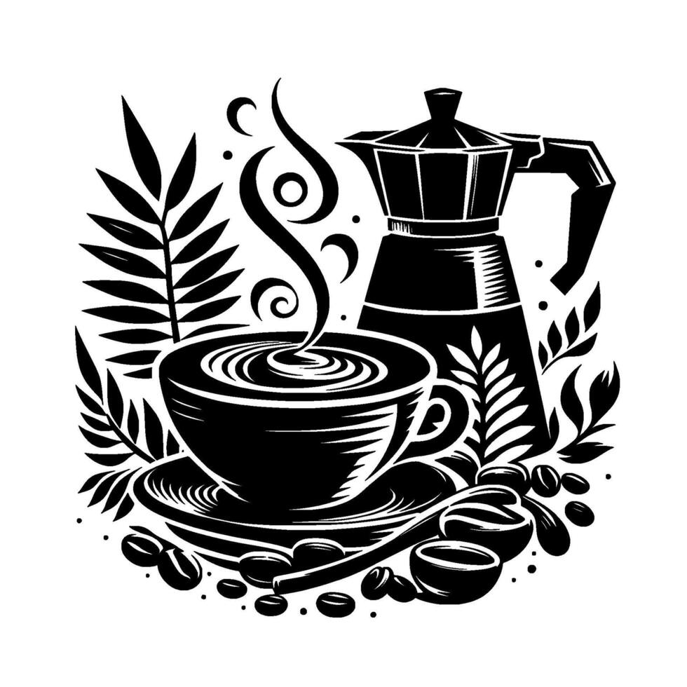 A stylized black and white illustration featuring a steaming cup of coffee with a moka pot, coffee beans, and foliage, evoking a cozy and inviting atmosphere. vector