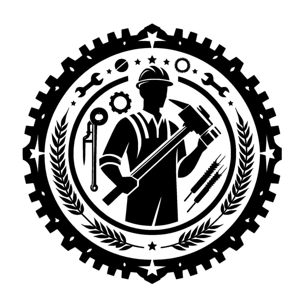 Monochrome industrial emblem a stylized silhouette of a worker with tools inside a gearshaped border, signifying labor and craftsmanship. vector