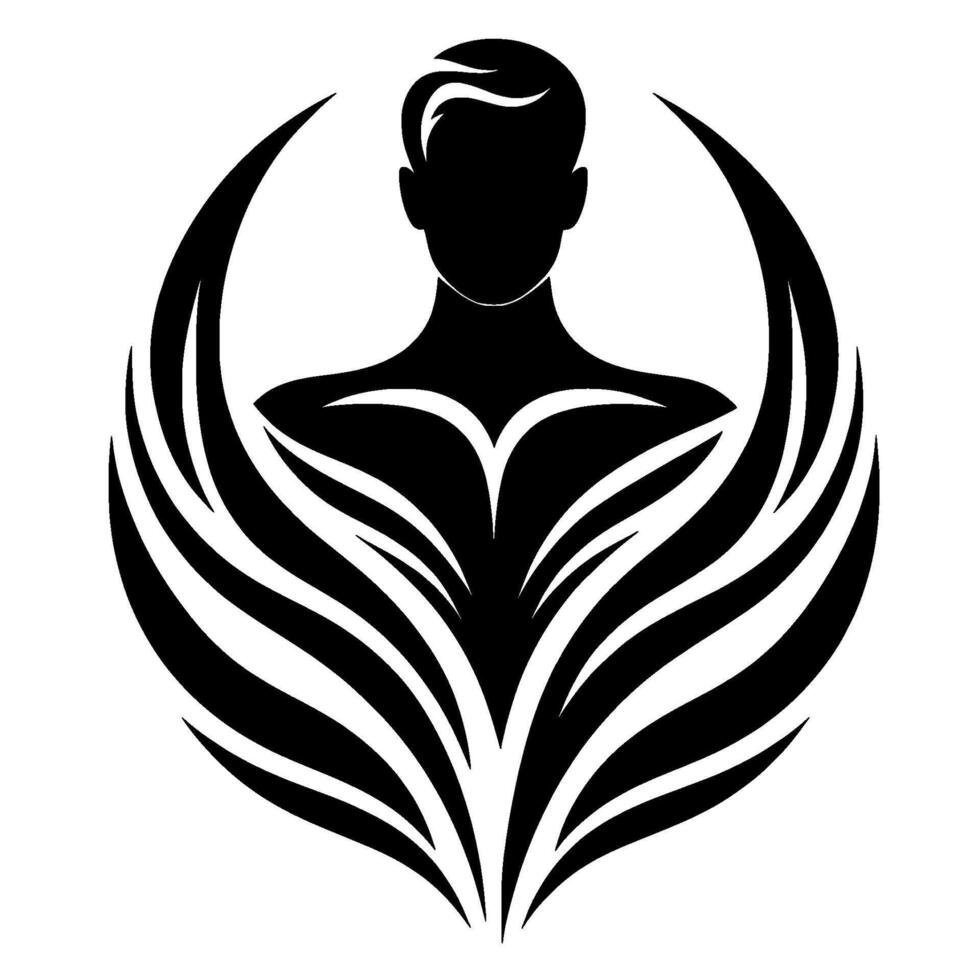 Silhouette of a male figure with feathered wings, a symbol of strength, protection, and ethereal beauty in stark black and white contrast. vector