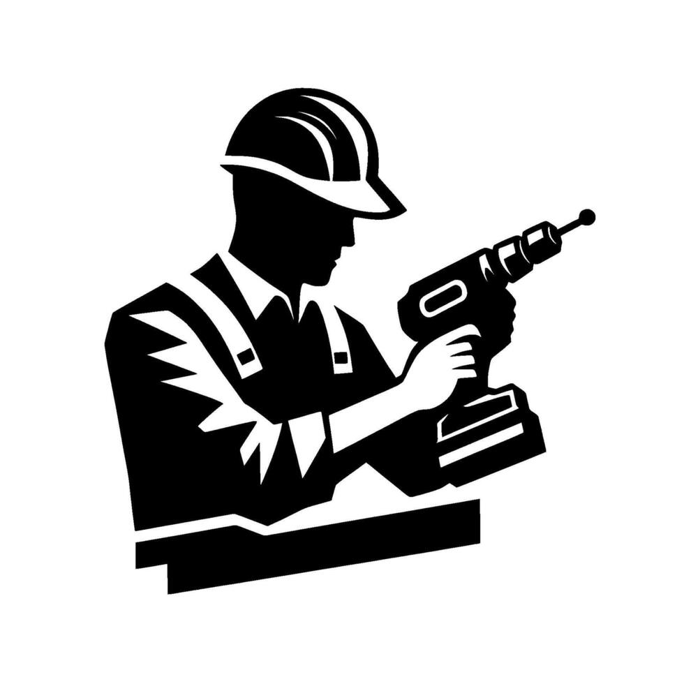 Silhouetted construction worker focused on drilling, wearing hard hat, modern black and white graphic. vector