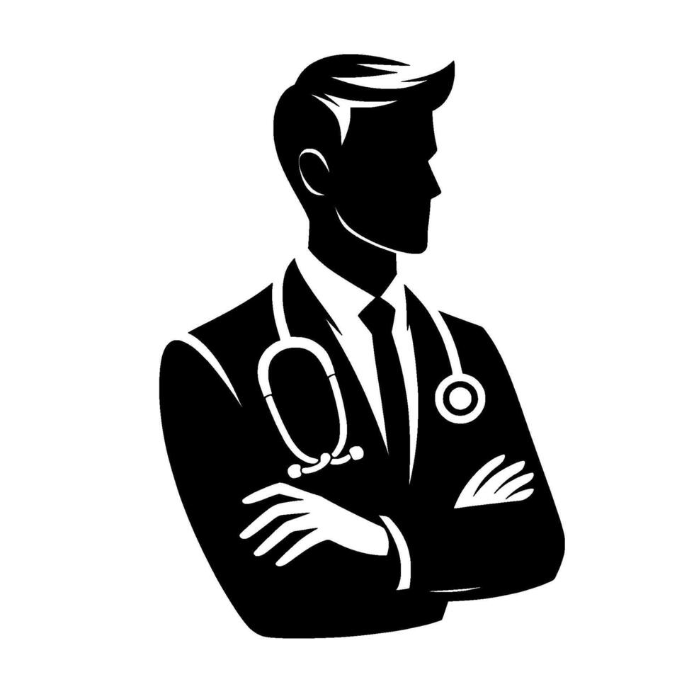 Silhouette of a confident medical professional in a formal suit, stethoscope around neck, arms crossed, against a clean white background. vector