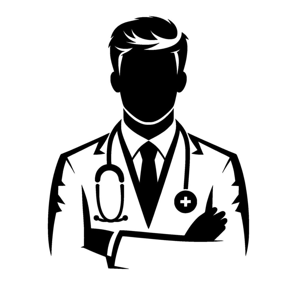 Silhouette of a medical professional a minimalist, illustration of a doctor in a white coat, stethoscope around the neck, with a cross symbol. vector