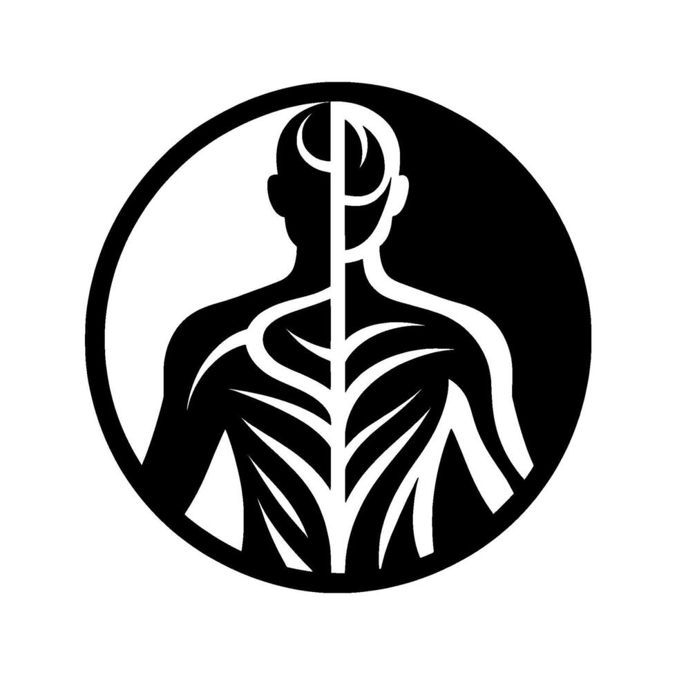 Yin yang human form a stylized black and white illustration depicting a human figure bisected, with one half in light and the other in shadow, within a circular frame, representing balance. vector