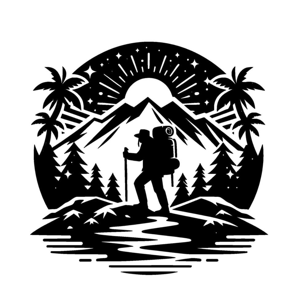 Silhouette of a hiker with a backpack navigating mountainous terrain, surrounded by pine trees, palm trees, and a starry sky, representing adventure. vector