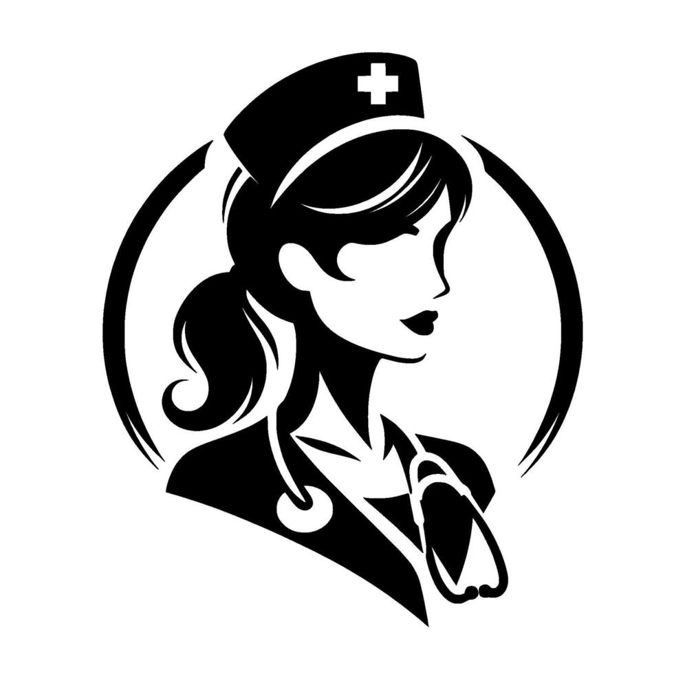 Elegant silhouette of a nurse a monochromatic portrait featuring a nurse with a ponytail, medical cap, stethoscope, and framed by a stylized circle. vector