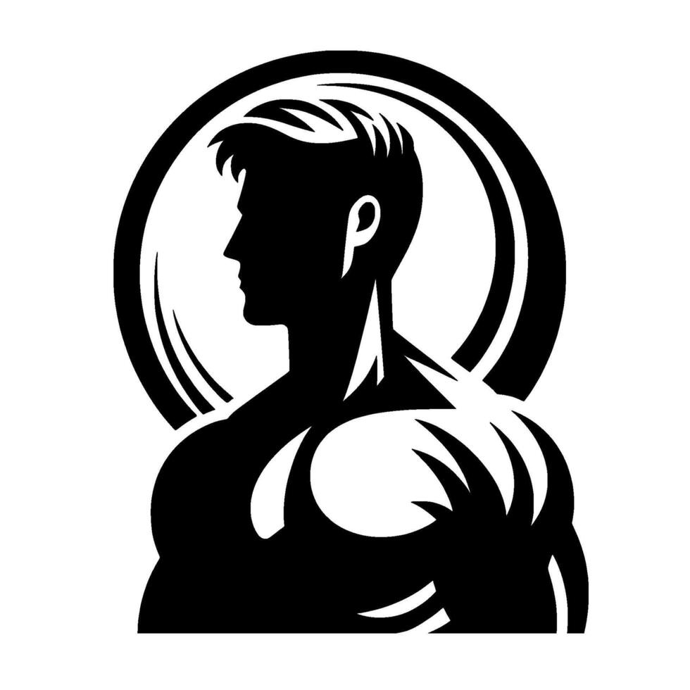 A bold, black and white silhouette of a muscular man in profile, set within a circular frame, symbolizing strength and athleticism. vector