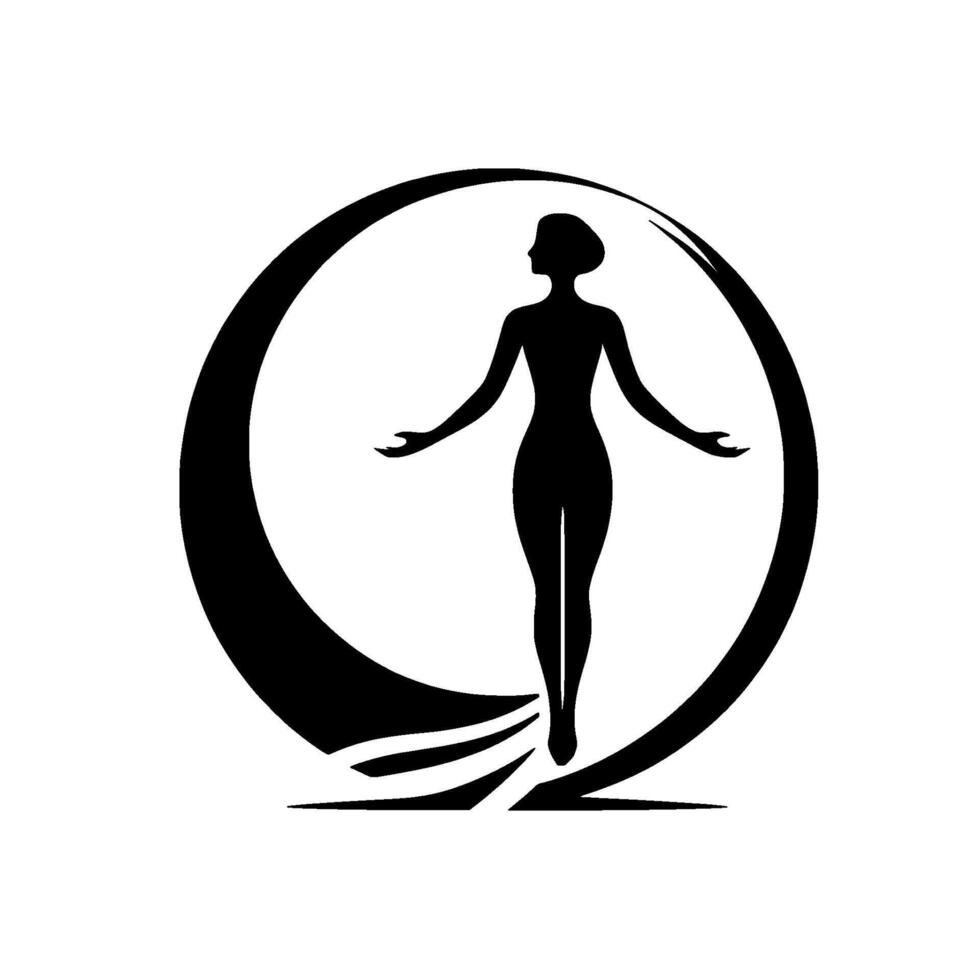 A black silhouette of a woman, arms outstretched, standing within a crescent moon shape, minimalist, serene, and elegant, embodying grace and balance. vector