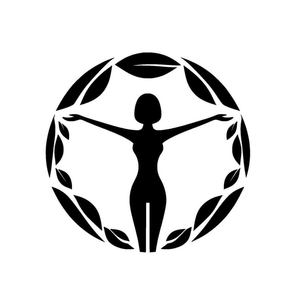 Silhouette of a woman with outstretched arms, encircled by stylized leaves, conveying harmony and natural wellbeing on a minimalist white backdrop. vector