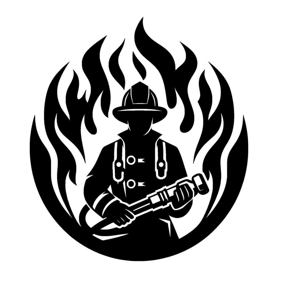 Silhouette of a firefighter holding a hose, surrounded by flames, representing bravery and rescue. vector