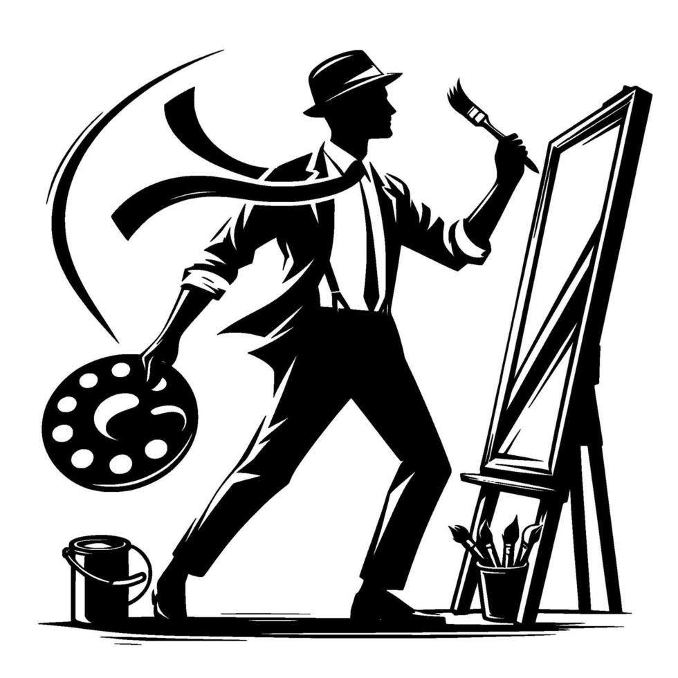 A silhouetted artist in a fedora, holding palette brush, painting on a canvas, expressing creative energy and elegance. vector