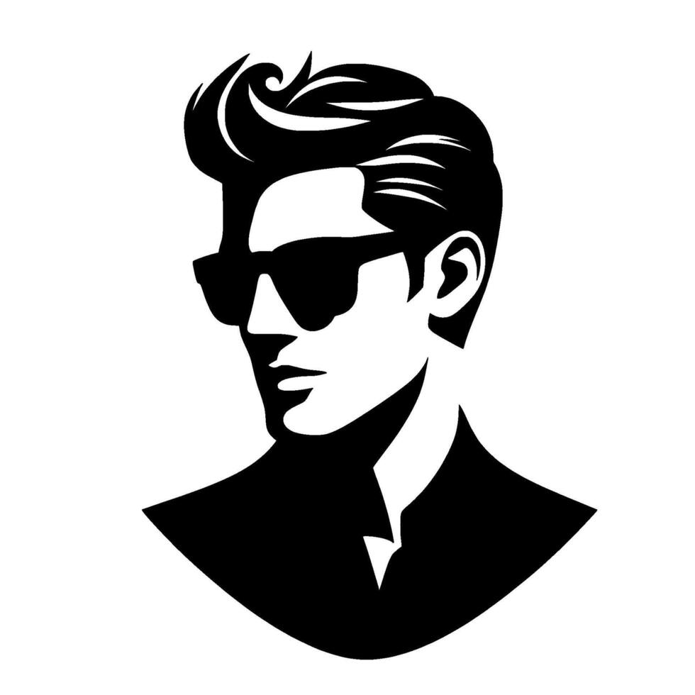Stylish black and white illustration of a retromodern man with pompadour hairstyle, sunglasses, and a suit, exuding confidence. vector