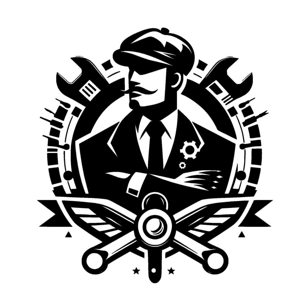 A monochrome mechanic showcasing a distinguished figure in a cap, crossed arms, encircled by tools and wings, suggesting precision and expertise. vector