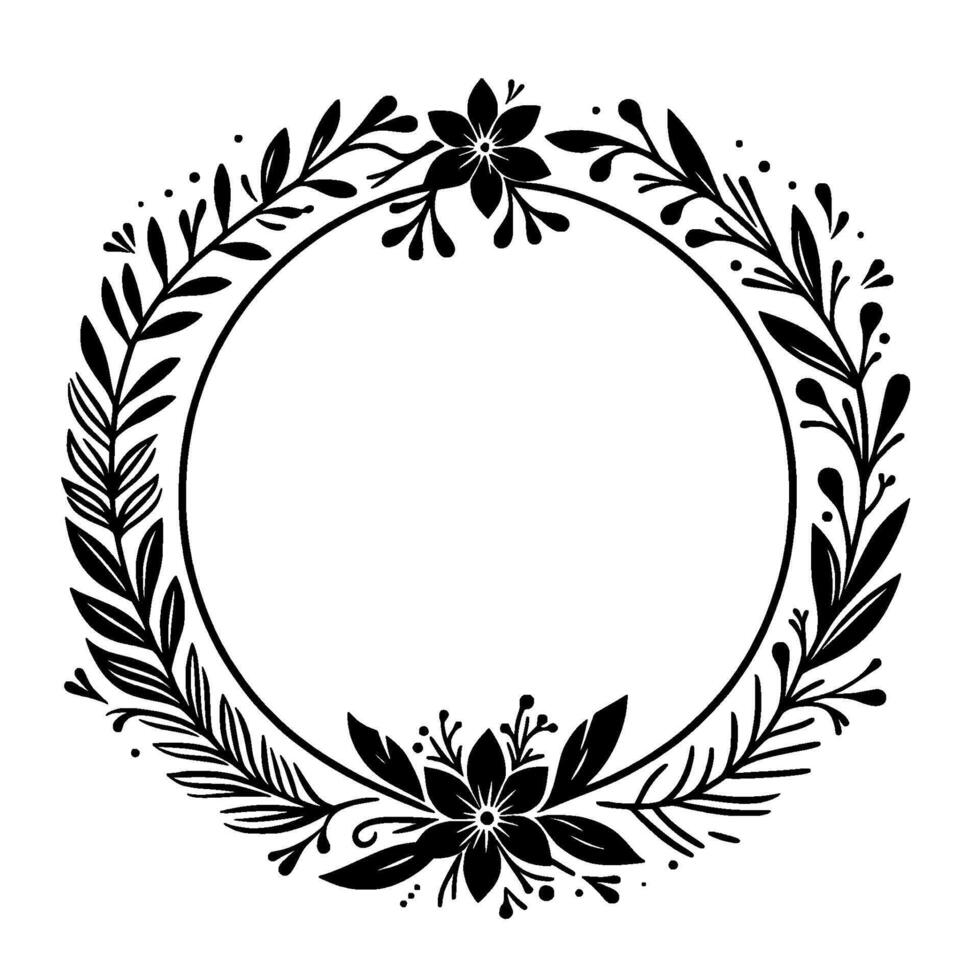 Elegant black floral wreath with a clean white background, featuring simplified leafy branches, petals, and dots. vector