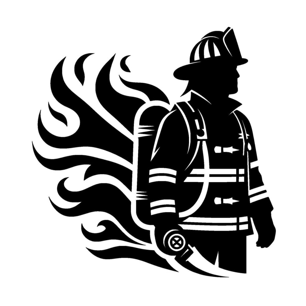 Silhouette of a firefighter in full gear, standing confidently with stylized flames erupting behind him, ready to face the inferno. vector