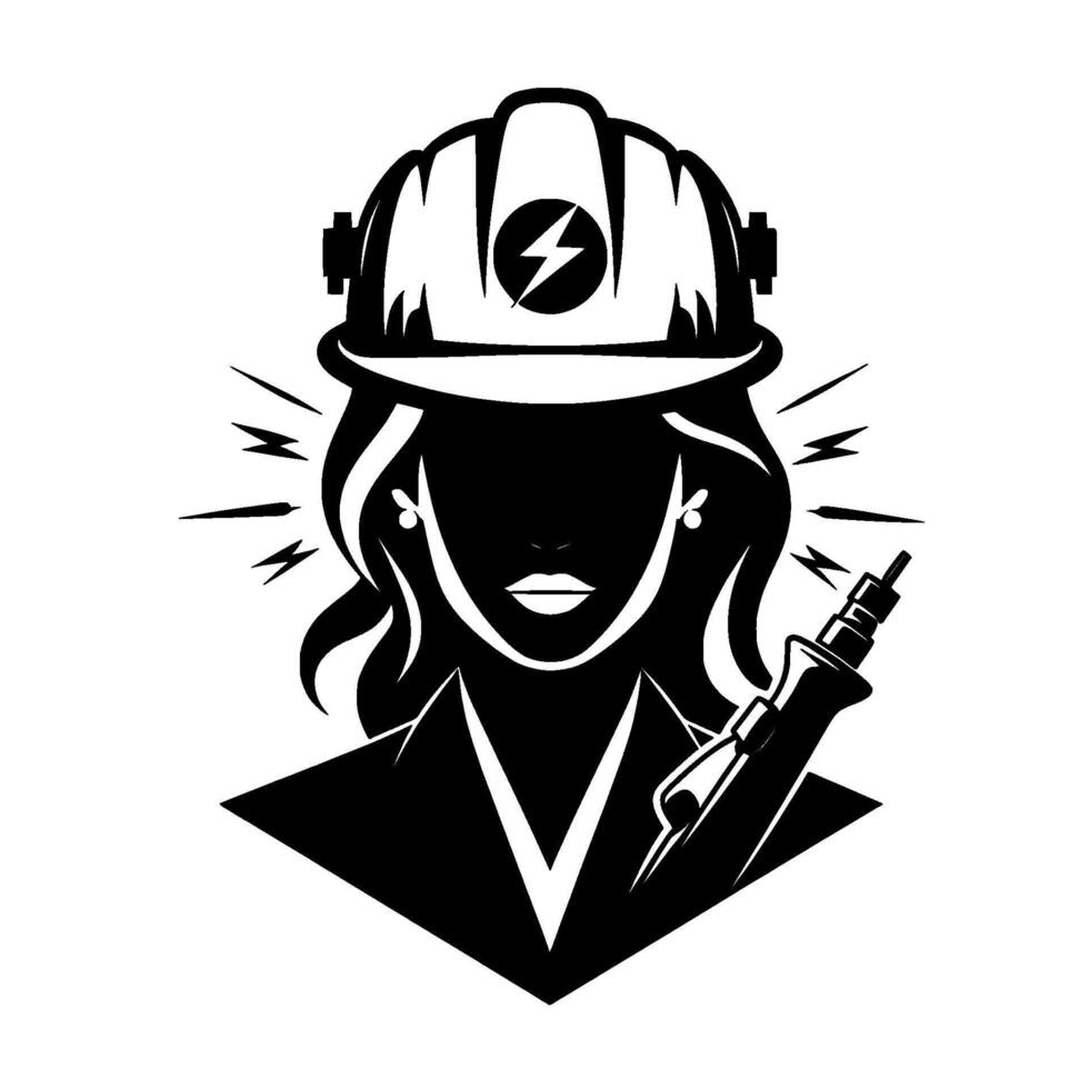 Empowered female electrician silhouette in protective gear, wielding a tool and radiating energy, embodying strength and expertise against a pristine white backdrop. vector