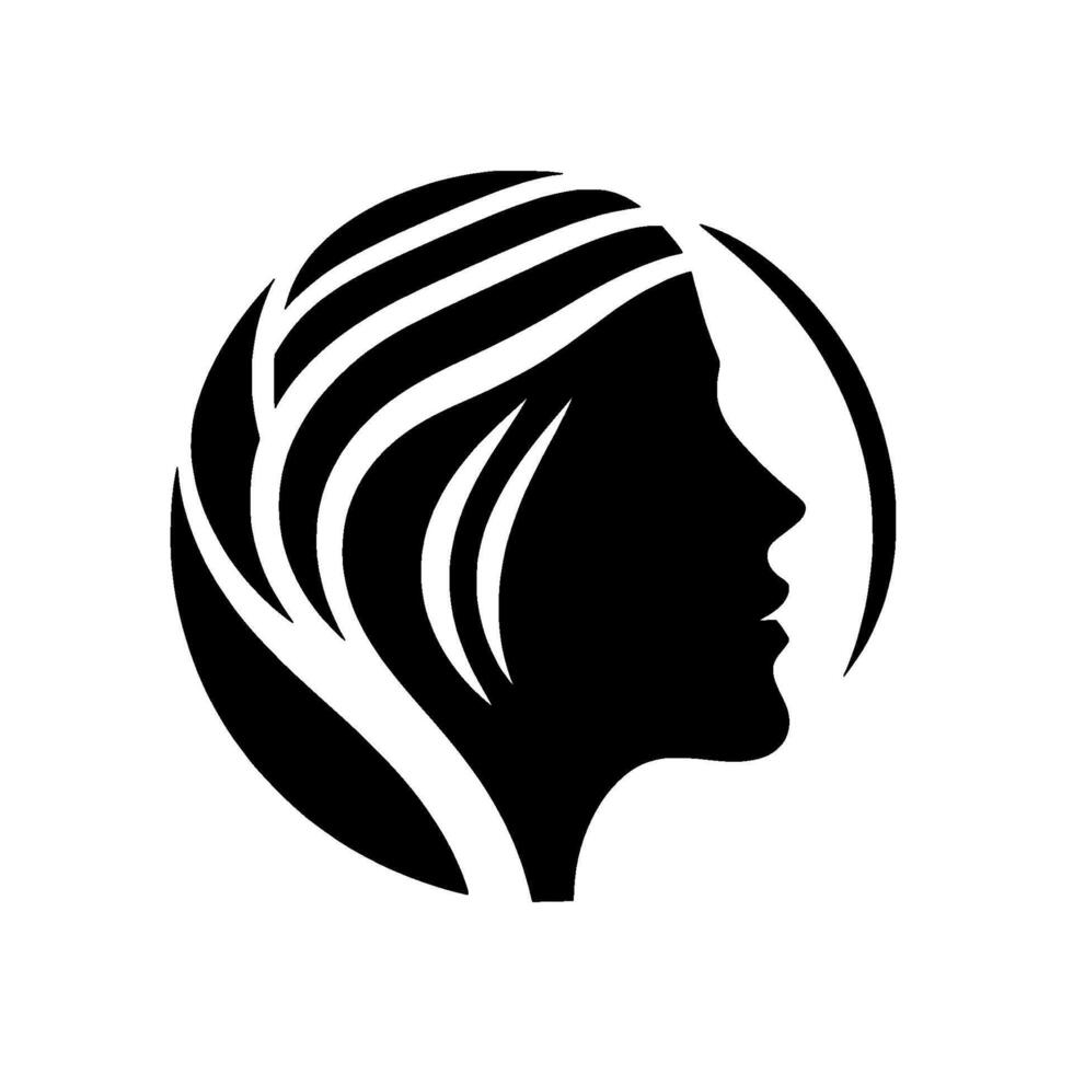 Elegant silhouette of a womans profile within a circular frame, featuring flowing hair and a graceful aesthetic, depicted in bold black and white vector