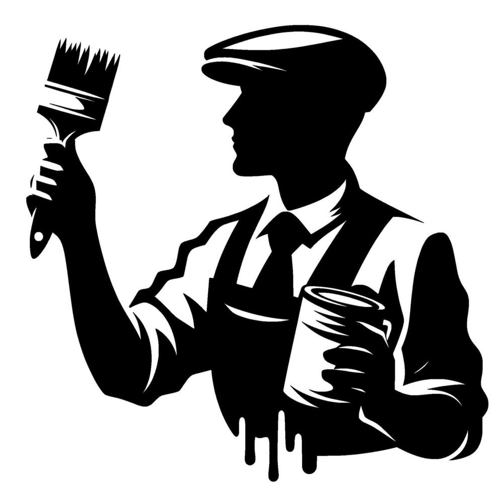 A striking black and white silhouette of a painter, holding a brush and paint can, wearing a cap, exuding professionalism and craft. vector
