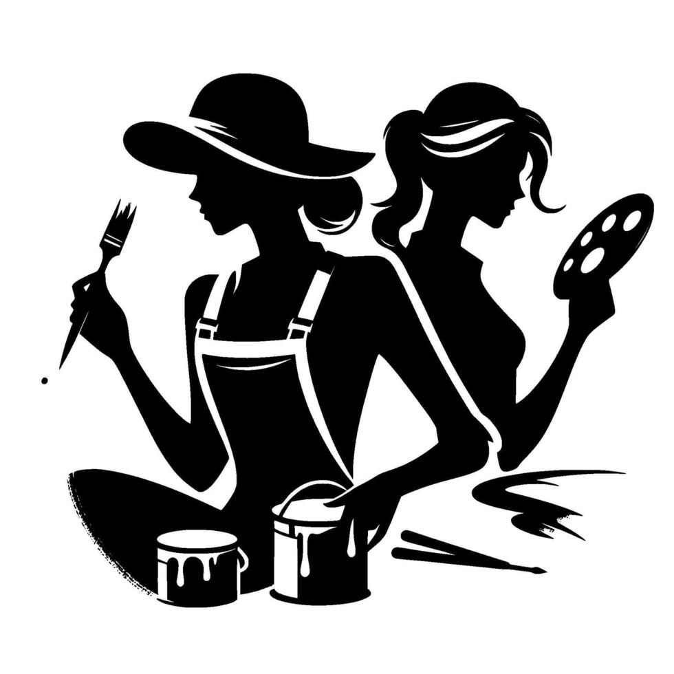 Black and white silhouette of two artistic women one painting with brush and overalls, the other with a palette. vector