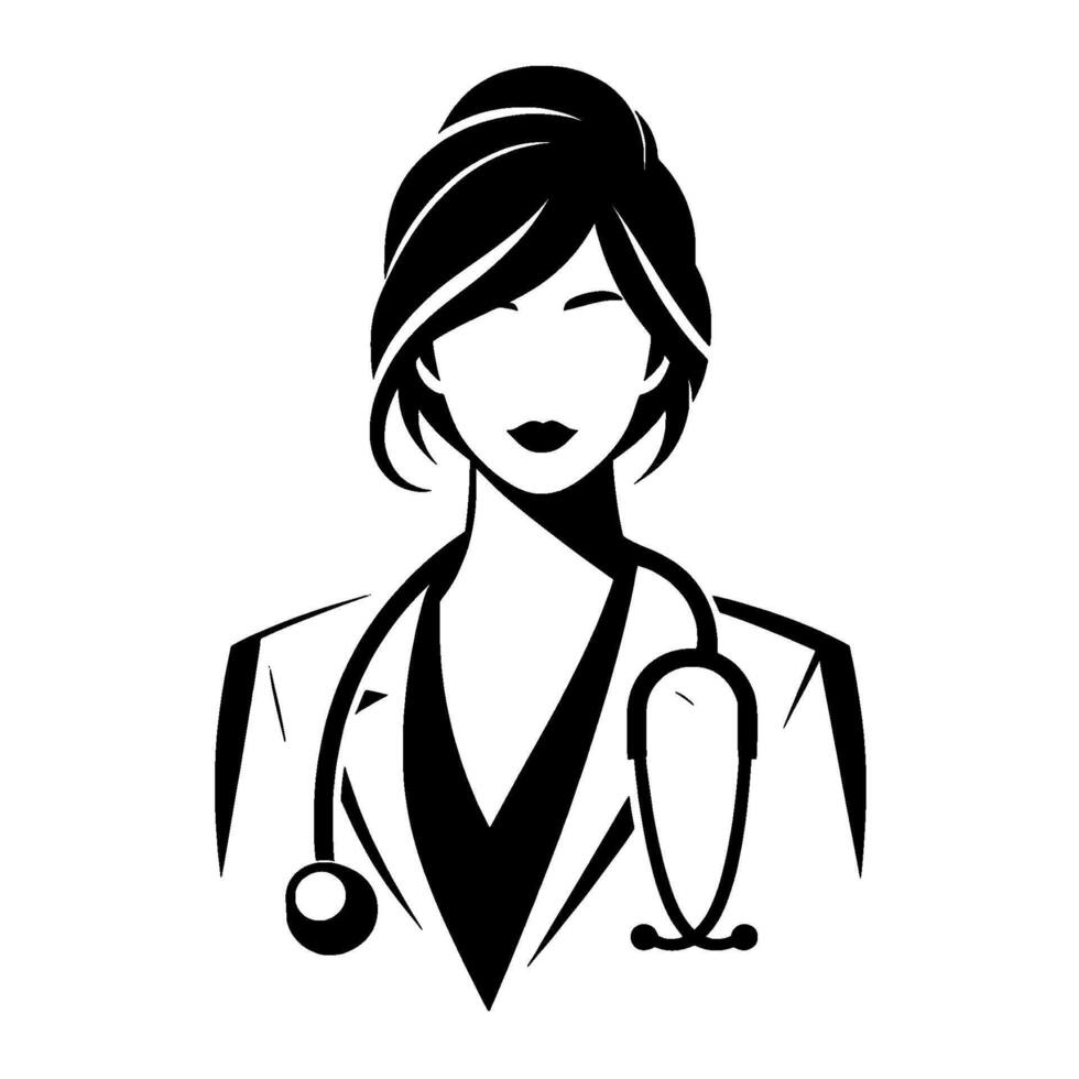 Minimalist silhouette of a female doctor with sleek hair, lab coat, and stethoscope, conveying professionalism in a monochromatic style. vector