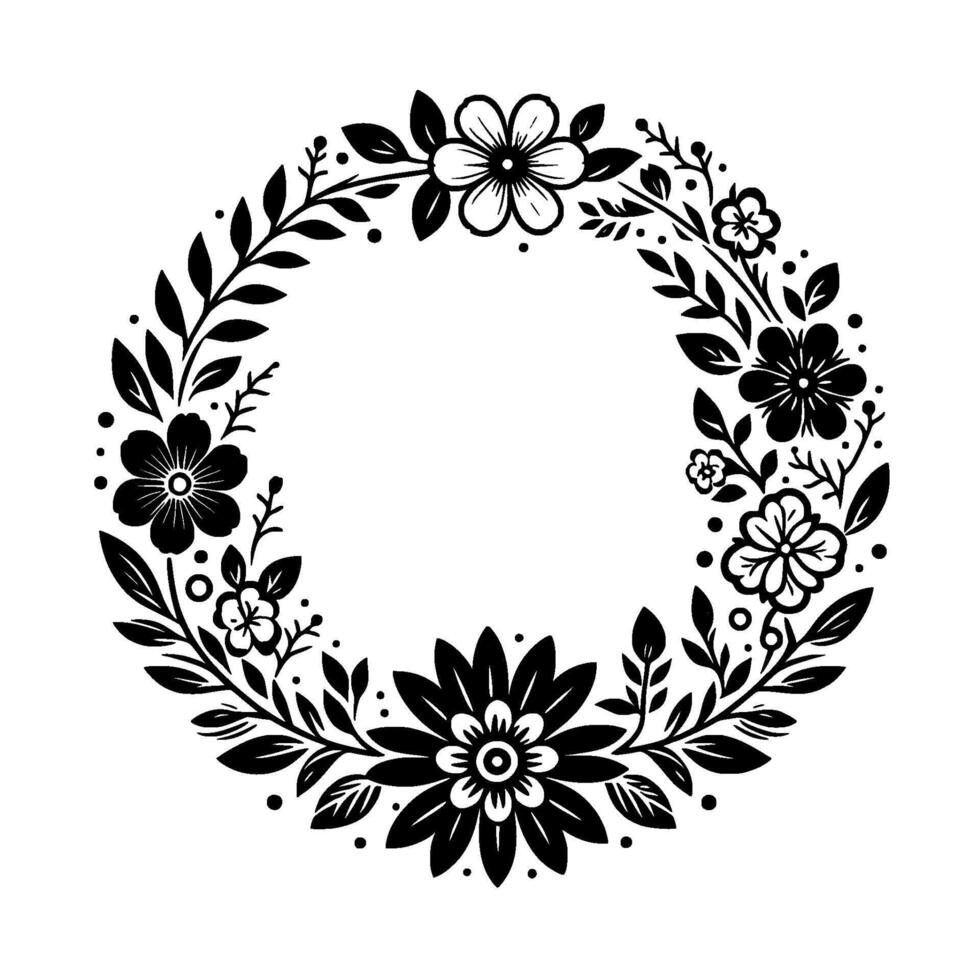 A symmetrical monochrome floral wreath, intricately designed with stylized flowers, leaves, and delicate sprigs, creating a harmonious circular arrangement. vector