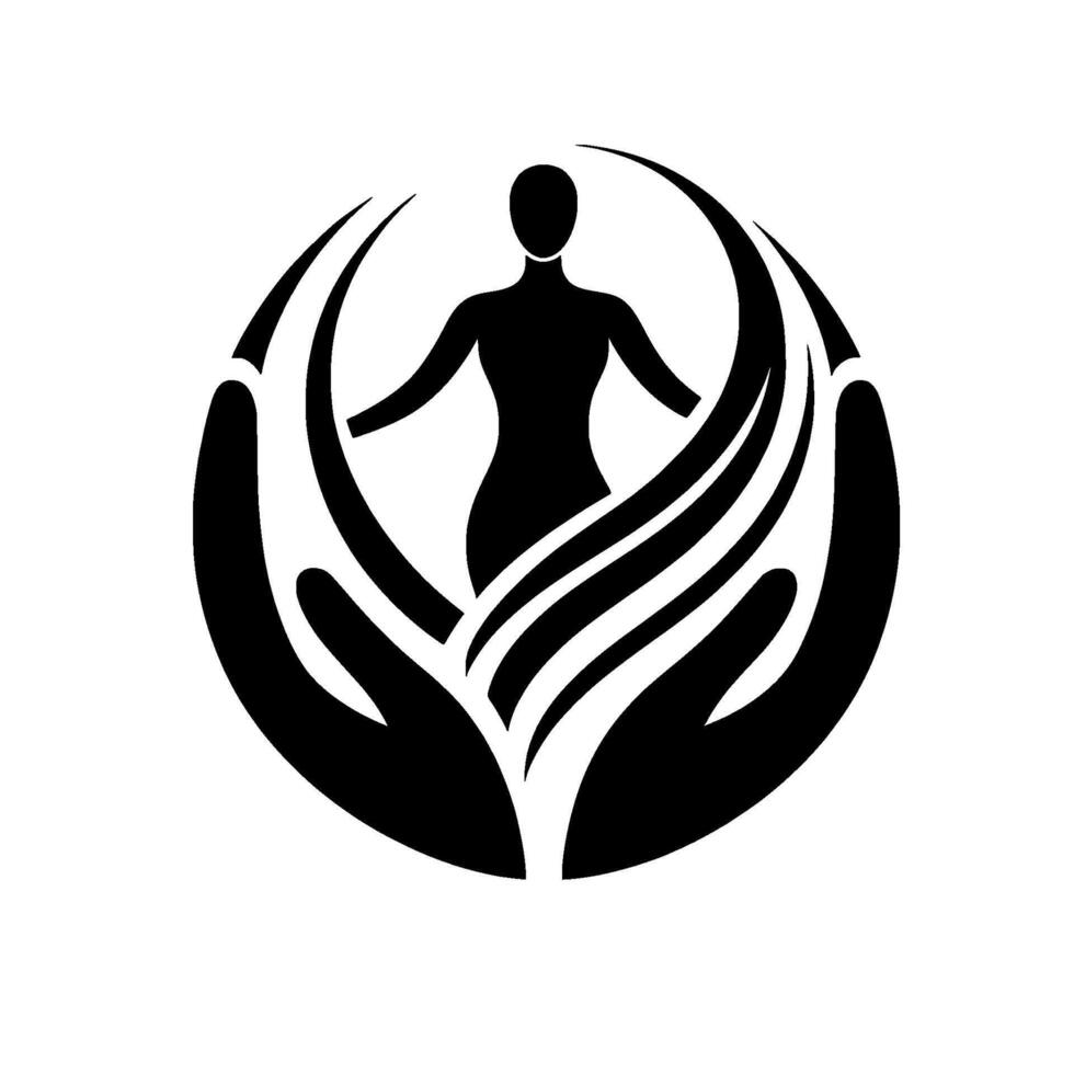 A stylized silhouette of a person embraced by hands, suggesting care, healing, and support, evoking tranquility. the emphasizes harmony and wellbeing. vector