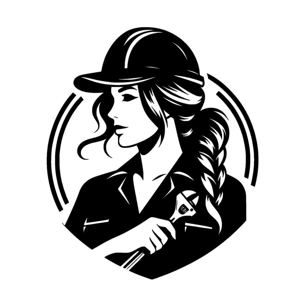Empowered silhouette a woman, wearing a hard hat and holding a wrench, embodies strength and skill within a stylized, geometric circular frame, representing a woman in a traditionally male role. vector