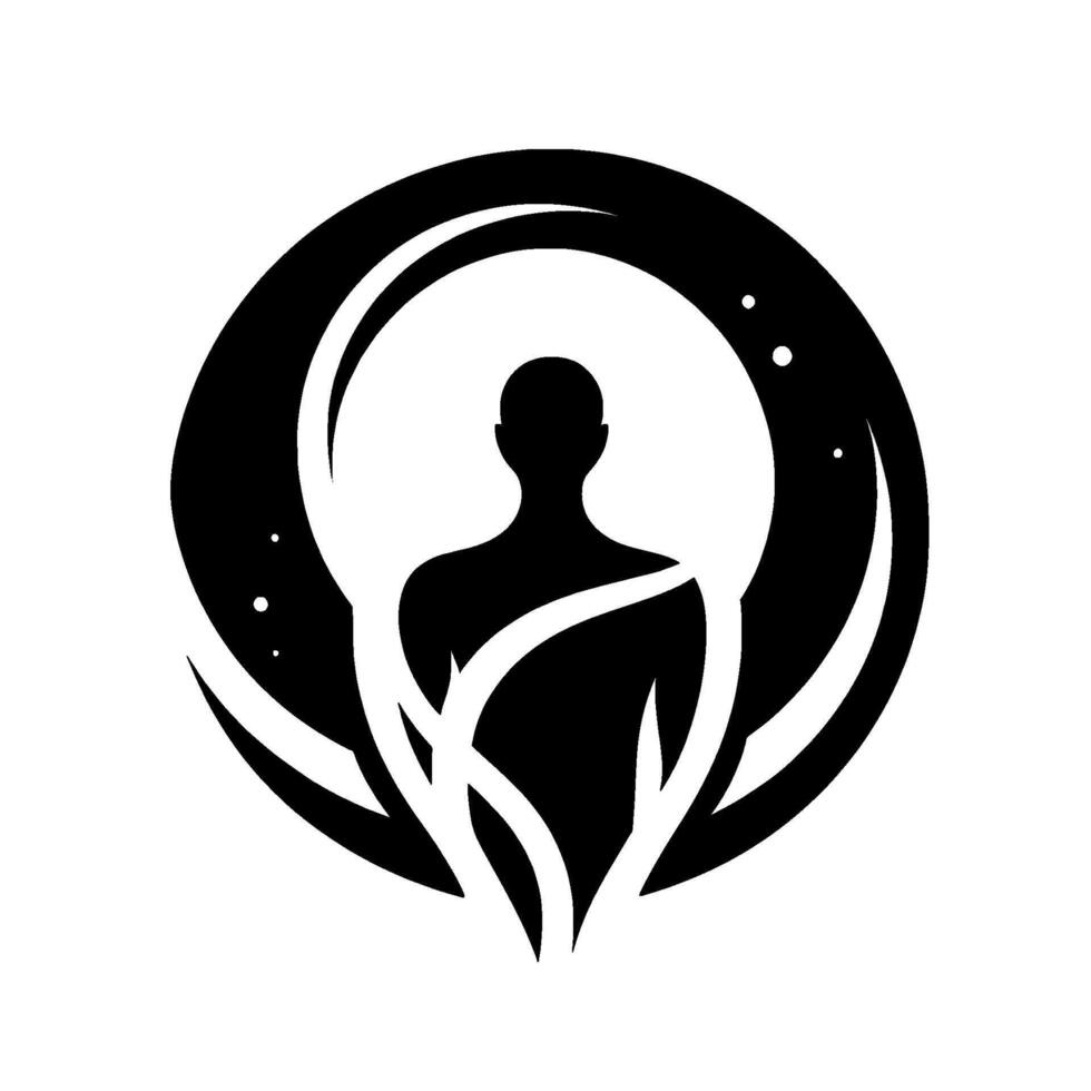 Silhouette of a person within a stylized black crescent moon, incorporating flowing white line design, set against a minimalist white background. vector