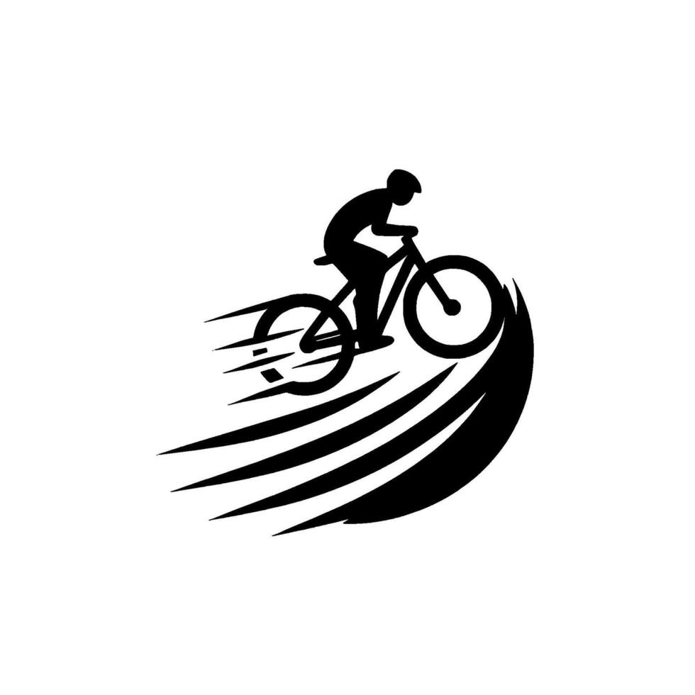 Silhouette of a cyclist midair, riding a mountain bike, with speed lines, and a stylized black trail against a white background. vector