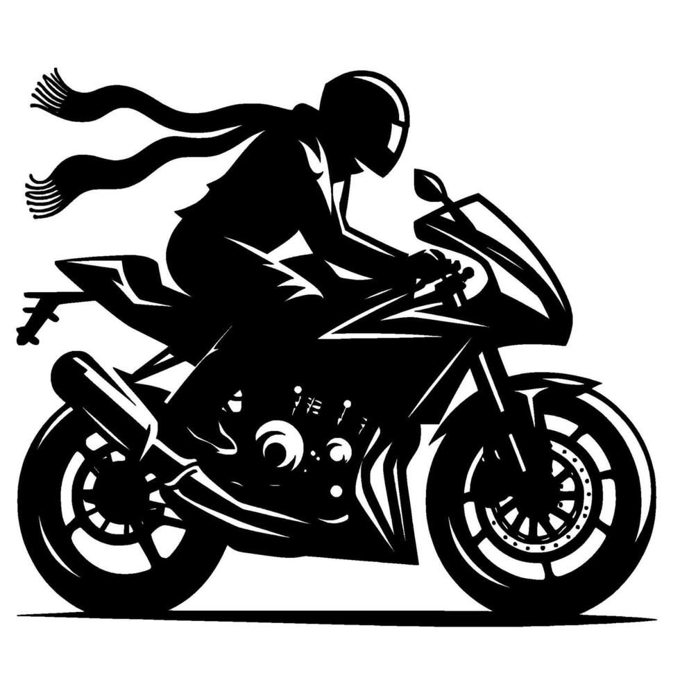 Dynamic silhouette of a biker on a sport motorcycle with flowing scarf, in a monochromatic, artistic style. vector