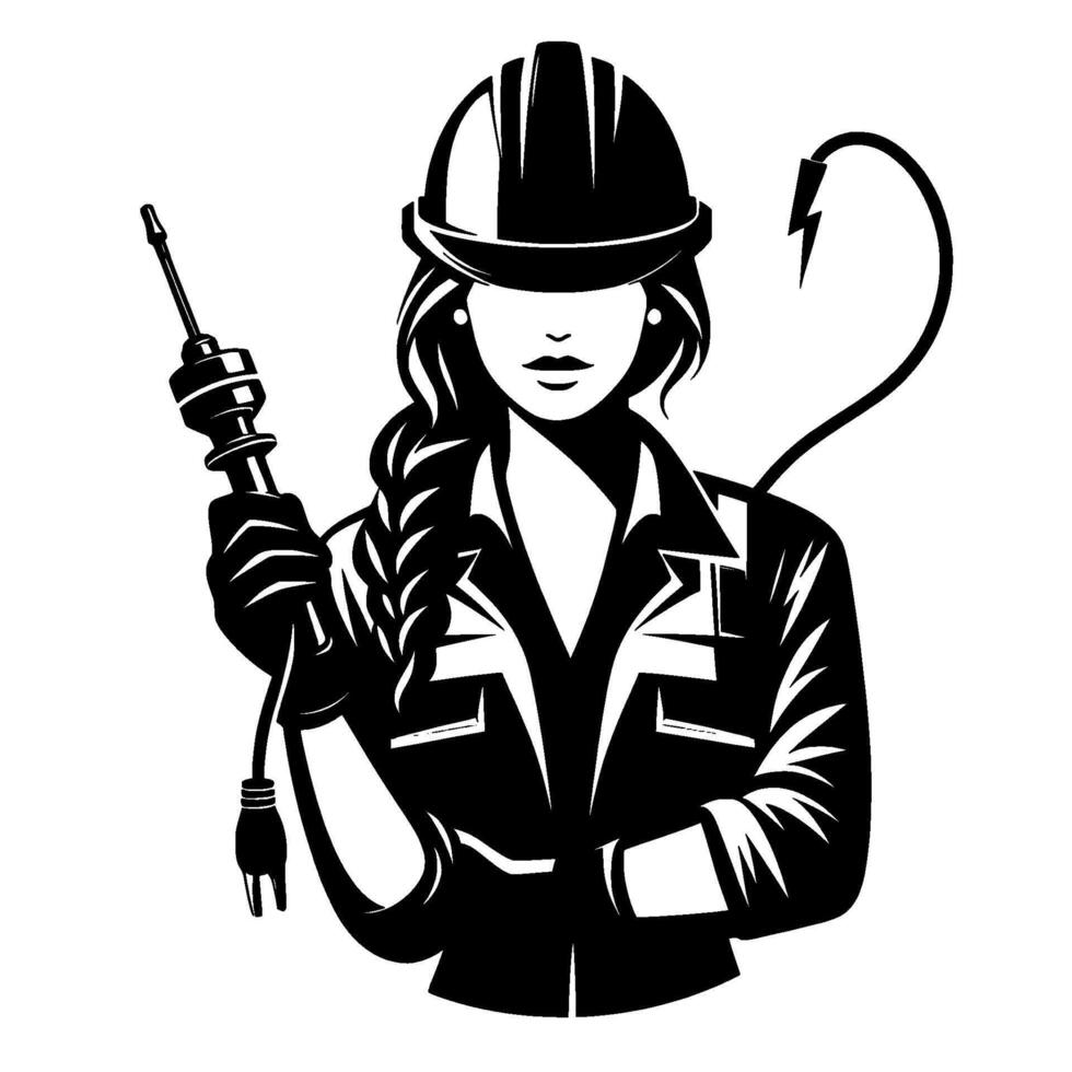 Silhouette of a strong, female electrician with long braided hair, hard hat, and tools, symbolised by a lightning bolt cord. vector