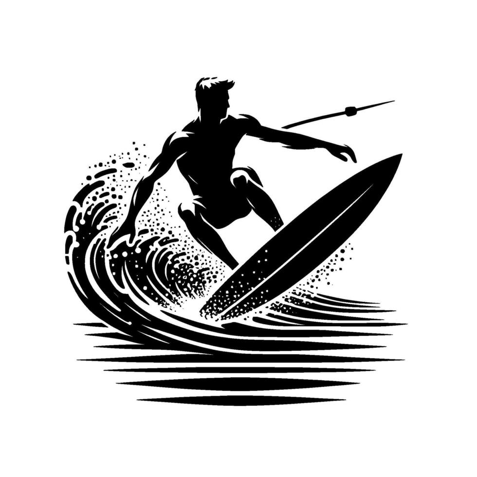 Dynamic silhouette of a surfer carving through a wave, boldly displayed in a monochrome artistic composition. vector