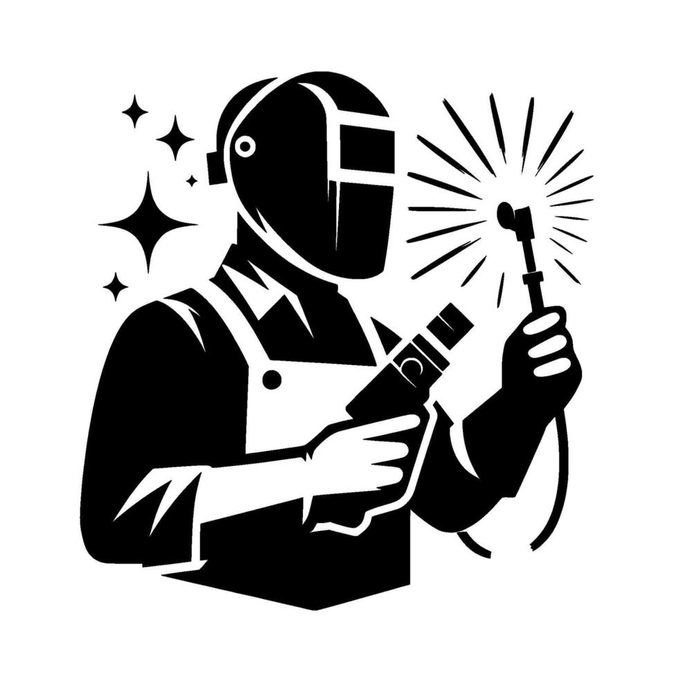 Silhouette of a welder in protective gear, arc welding, emitting sparks, with geometric star accents. vector