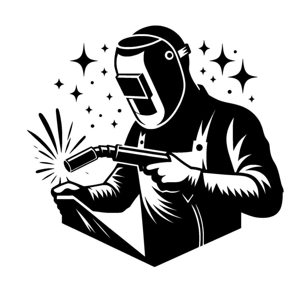 Stylized black and white illustration of a welder in protective gear, welding metal with sparks, surrounded by decorative stars. vector